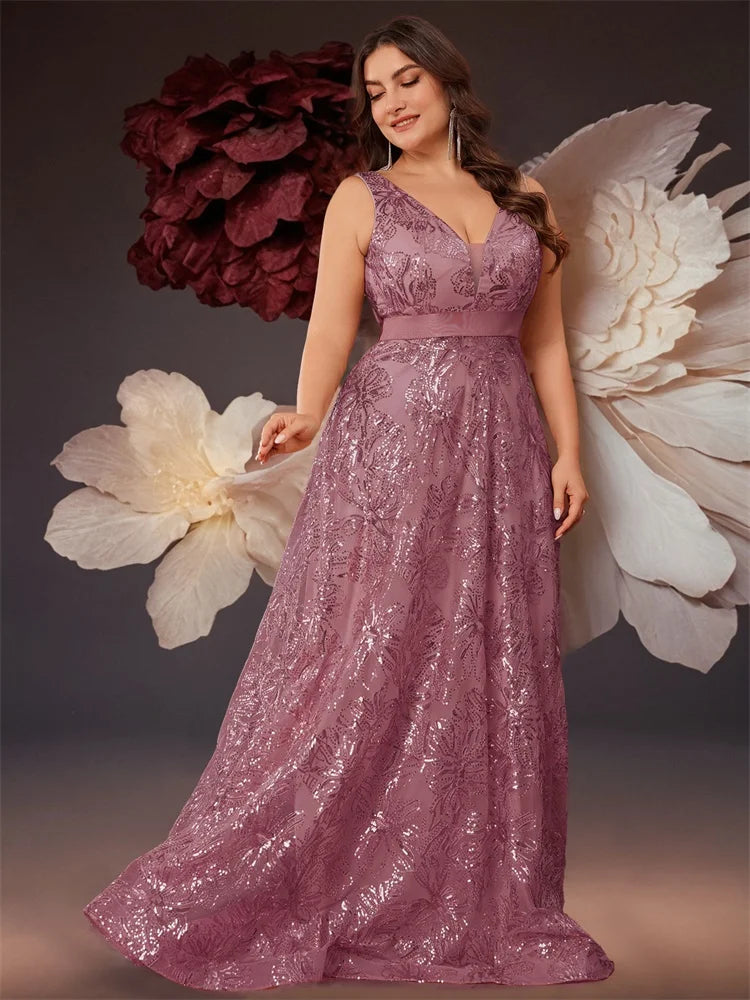 Plus Size Deep V-Neck Sequin Evening Dress – Elegant Blue Long Formal Gown with V-Back for Wedding, Party & Prom