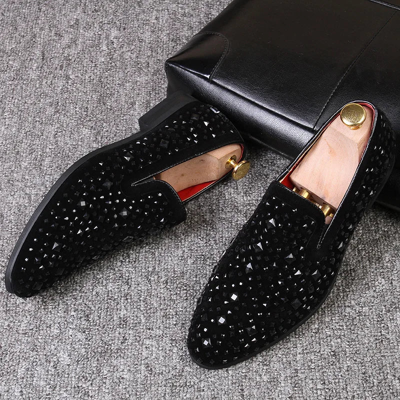 Men’s Genuine Luxury Stone Leather Rhinestone Loafers – Slip-On Dress Shoes for Wedding, Party & Clubwear