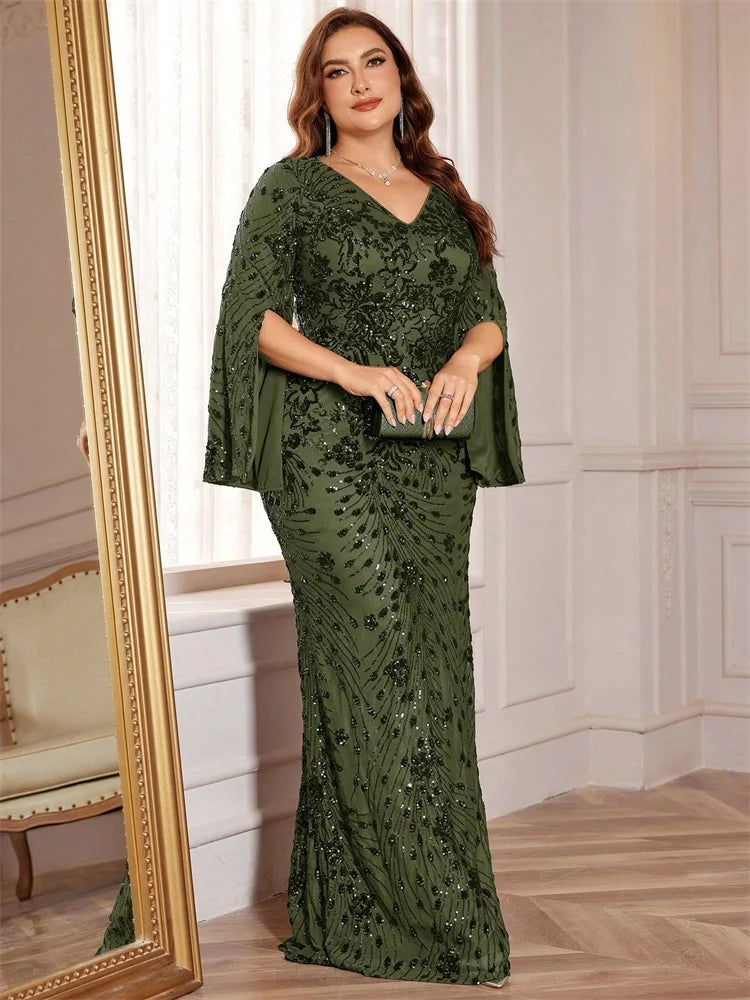 Plus Size Gold Sequin Mermaid Evening Gown – Long Sleeve Formal Dress for Weddings, Prom & Special Occasions