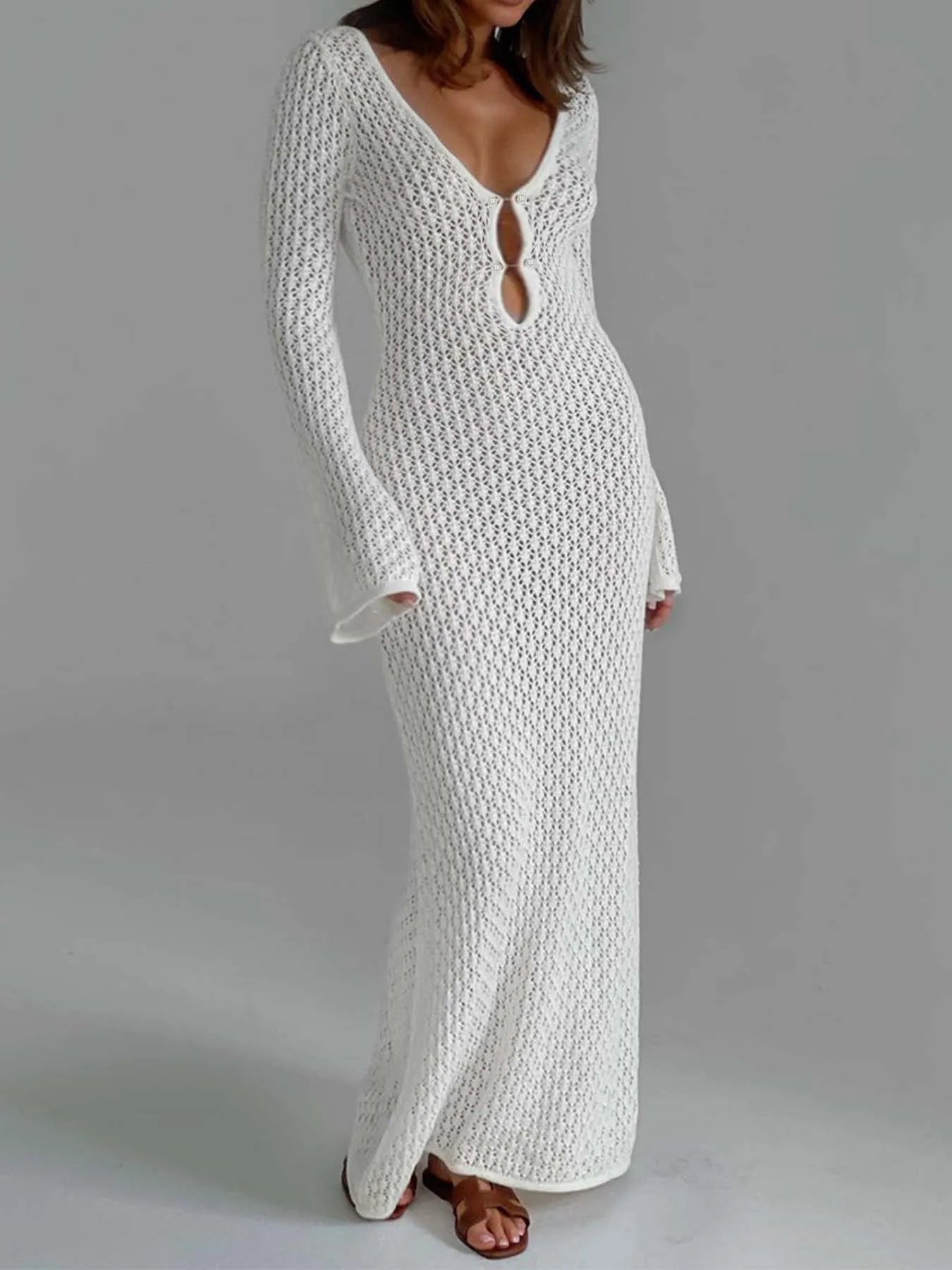 Sexy Women's White Knit Bikini Cover-Up β Long Sleeve, Deep V-Neck, Backless Beach Dress