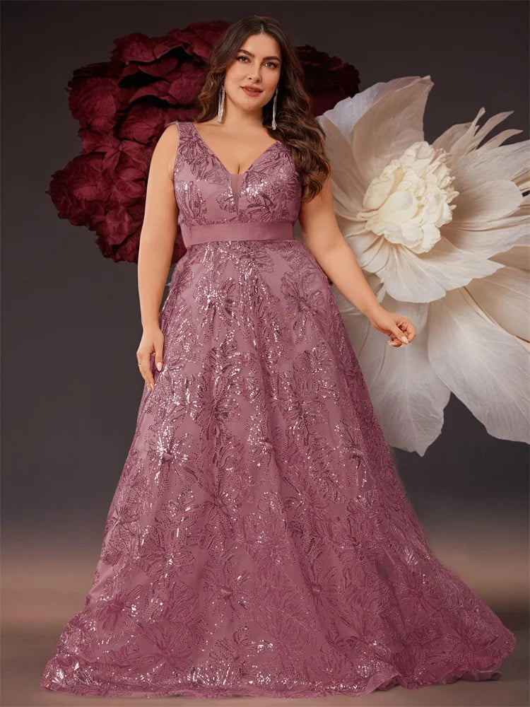 Plus Size Deep V-Neck Sequin Evening Dress – Elegant Blue Long Formal Gown with V-Back for Wedding, Party & Prom