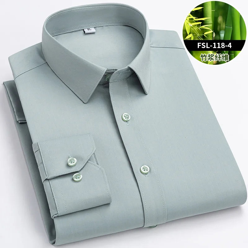 Men’s Bamboo Fiber Stretch Shirt – Slim Fit Long Sleeve Non-Iron White Dress Shirt for Office, Business & Casual Wear