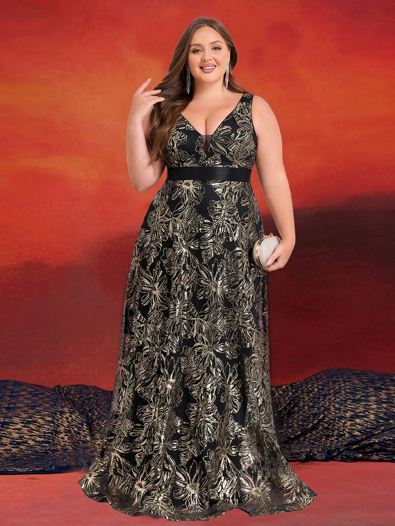 Plus Size Deep V-Neck Sequin Evening Dress – Elegant Blue Long Formal Gown with V-Back for Wedding, Party & Prom
