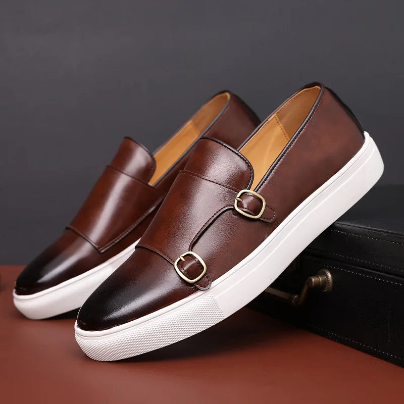 Men's Casual Leather Loafers – Retro British Style Slip-On Monk Strap Flats for Business & Daily Wear