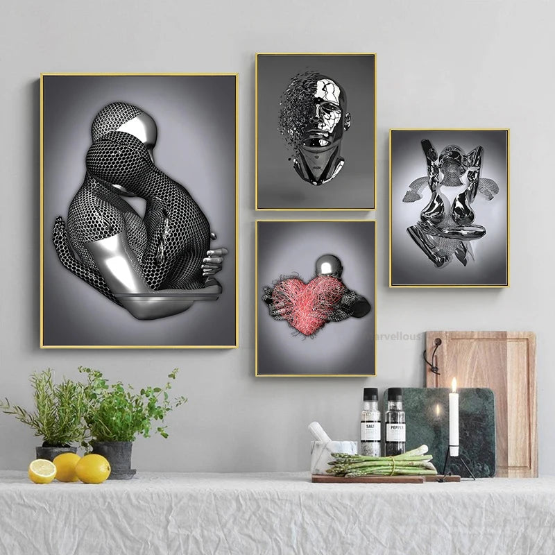 Modern Metal Character Wall Art - Nordic Romantic Couple Posters and Prints Canvas Painting for Office Living Room Home Decoration