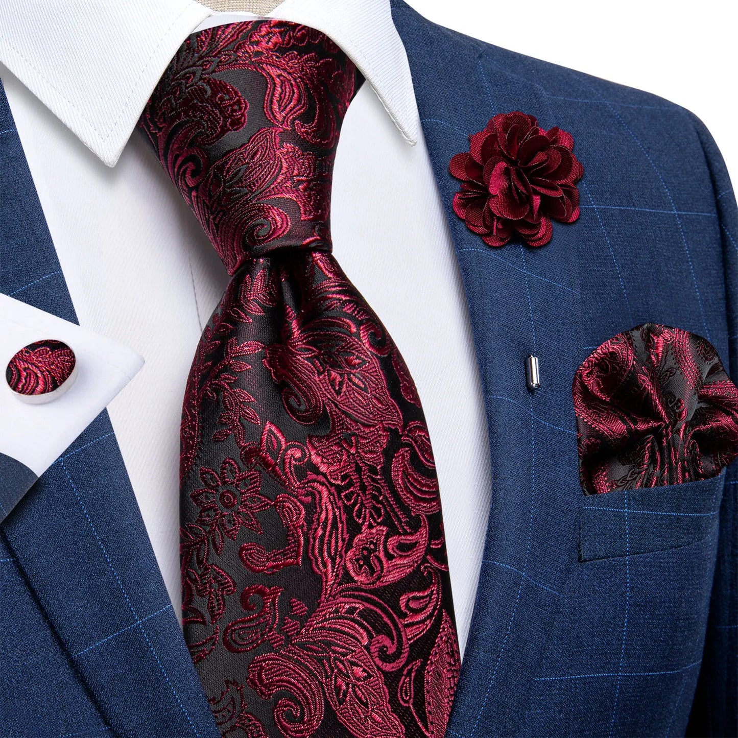 Blue & Silver Paisley Silk Tie Set – 8cm Necktie + Pocket Square + Cufflinks + Brooch – Elegant Men’s Gift for Weddings & Holidays