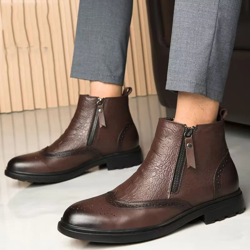 Genuine Leather Men’s Side-Zip Ankle Boots – Warm Plush Lined Winter Fashion