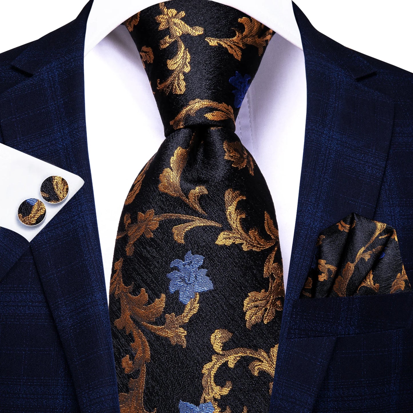 Burgundy Brown & Black Paisley Striped Silk Tie Set – Necktie + Pocket Square + Cufflinks – Formal Gift Set for Men
