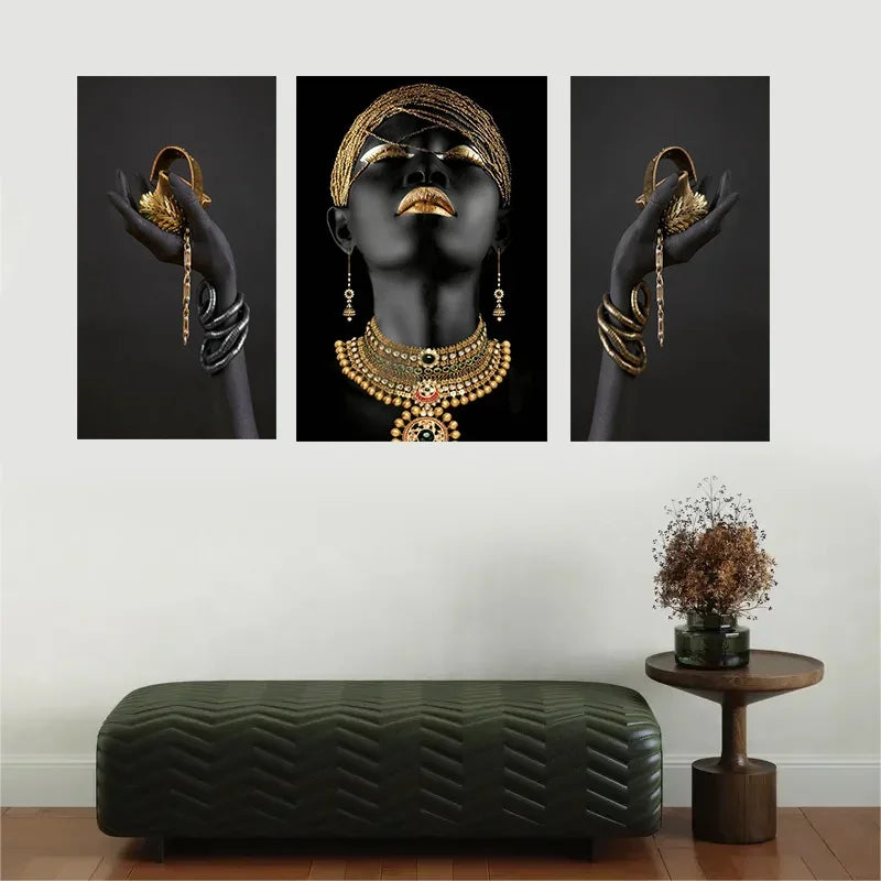 3-Piece African Black Women Canvas Wall Art with Gold Jewelry - Framed Art Prints for Living Room Deco