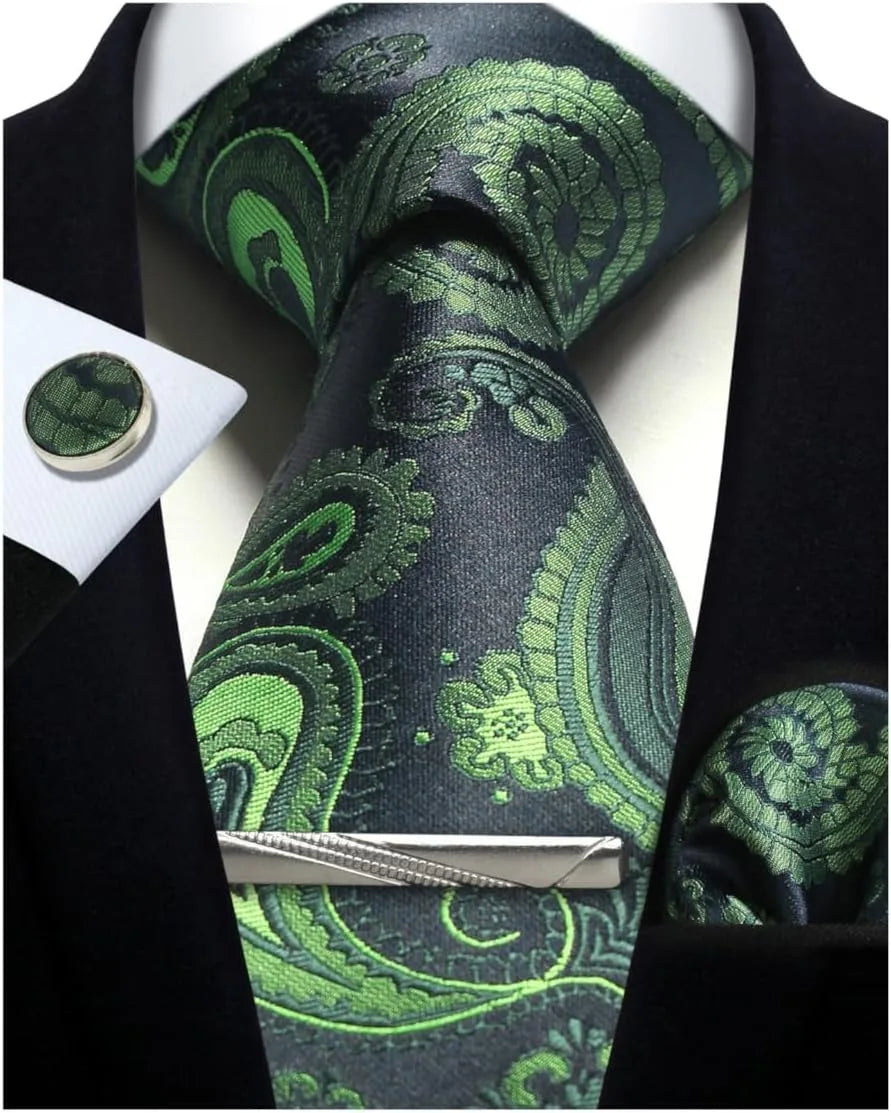 Men’s Classic Silver Paisley Tie Set – Silk Necktie, Pocket Square, Cufflinks & Tie Clip – Formal Wedding Party Gift Box