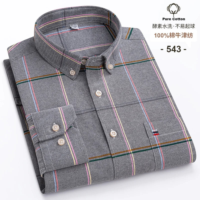 100% Cotton Oxford Long Sleeve Men's Plaid Dress Shirt – Regular Fit Formal Shirt with Pocket (S–7XL)