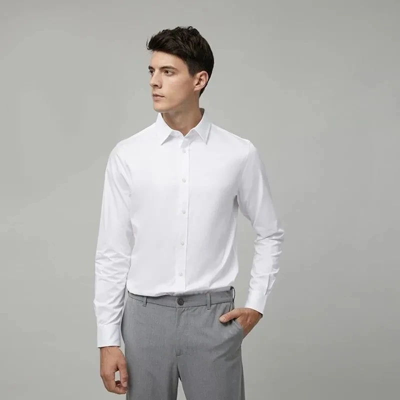 Men’s Bamboo Fiber Stretch Shirt – Slim Fit Long Sleeve Non-Iron White Dress Shirt for Office, Business & Casual Wear