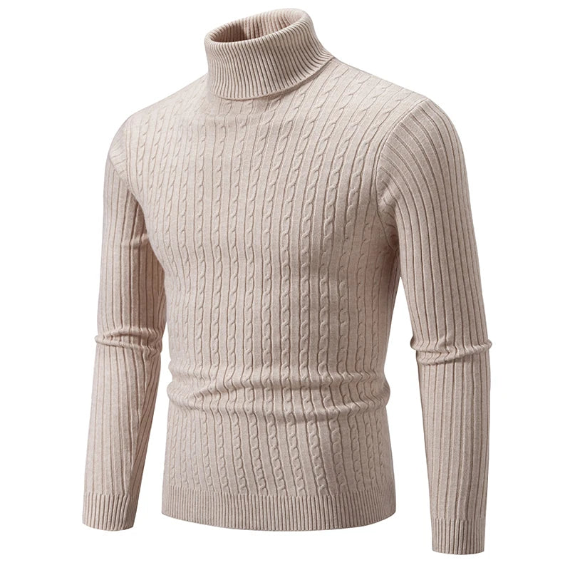 Men’s High Neck Knitted Sweater – Solid Color Warm Turtleneck Pullover for Winter