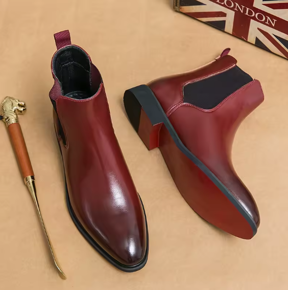 Men’s Red Sole Chelsea Boots – Round Toe Slip-On Ankle Business Boots | Classic PU Leather, Sizes 38–46 BRANDED