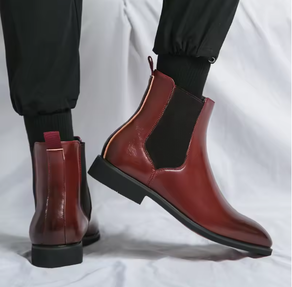 Men’s Red Sole Chelsea Boots – Round Toe Slip-On Ankle Business Boots | Classic PU Leather, Sizes 38–46 BRANDED