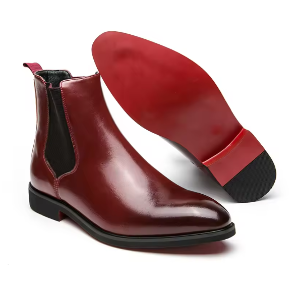 Men’s Red Sole Chelsea Boots – Round Toe Slip-On Ankle Business Boots | Classic PU Leather, Sizes 38–46 BRANDED