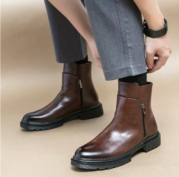 Men’s Handmade Leather Chelsea Boots – Thick Sole British Style Side-Zip Ankle Business Shoes | Spring/Autumn Kentello Shoes