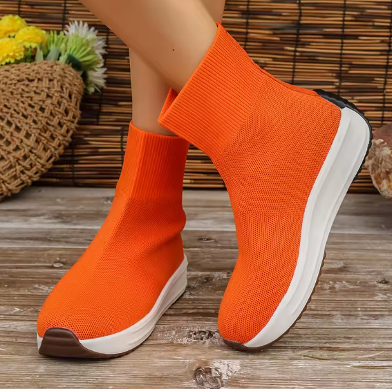 Women’s Sporty Knit Sock Chelsea Boots – Mesh Slip-On Flat Platform Walking Shoes (Sizes 35–43) BRANDED