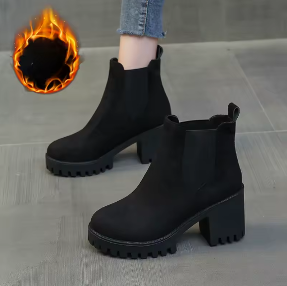 Women’s Suede Chunky Heeled Chelsea Boots – Plus Size Slip-On Ankle Boots | Autumn Winter Fashion | Round Toe Platform Booties Big Stone