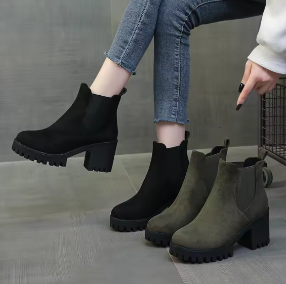 Women’s Suede Chunky Heeled Chelsea Boots – Plus Size Slip-On Ankle Boots | Autumn Winter Fashion | Round Toe Platform Booties Big Stone