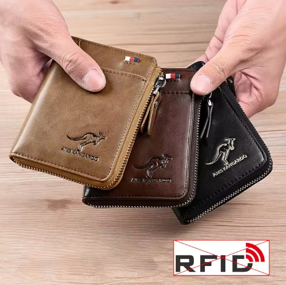 Luxury Menβs Leather Wallet β RFID Blocking Business Card Holder with Zipper Coin Pocket & Multi-Card Organizer Kangaroo