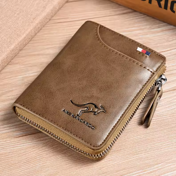 Luxury Menβs Leather Wallet β RFID Blocking Business Card Holder with Zipper Coin Pocket & Multi-Card Organizer Kangaroo