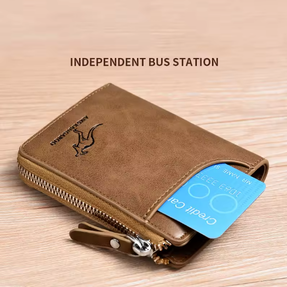 Luxury Menβs Leather Wallet β RFID Blocking Business Card Holder with Zipper Coin Pocket & Multi-Card Organizer Kangaroo