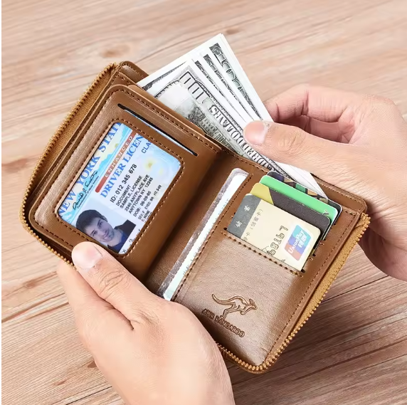 Luxury Menβs Leather Wallet β RFID Blocking Business Card Holder with Zipper Coin Pocket & Multi-Card Organizer Kangaroo