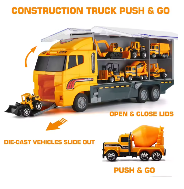 10-in-1 Construction Truck Toy Set with Storage Carrier β Die-Cast Vehicle Transporter with Excavator, Dump Truck, Digger & Backhoe | Educational STEM Play Gift for Kids BRANDED