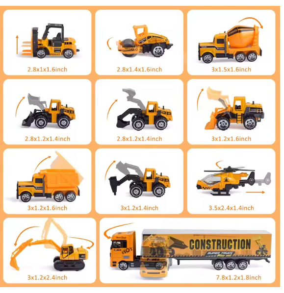 10-in-1 Construction Truck Toy Set with Storage Carrier β Die-Cast Vehicle Transporter with Excavator, Dump Truck, Digger & Backhoe | Educational STEM Play Gift for Kids BRANDED