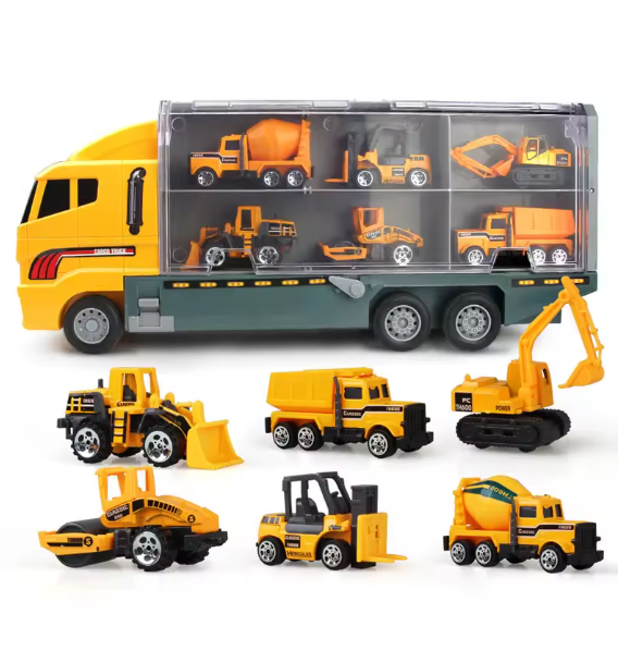 10-in-1 Construction Truck Toy Set with Storage Carrier β Die-Cast Vehicle Transporter with Excavator, Dump Truck, Digger & Backhoe | Educational STEM Play Gift for Kids BRANDED