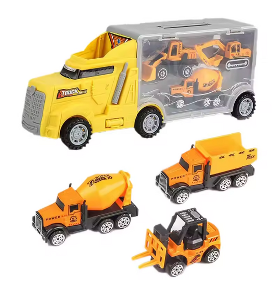 10-in-1 Construction Truck Toy Set with Storage Carrier – Die-Cast Vehicle Transporter with Excavator, Dump Truck, Digger & Backhoe | Educational STEM Play Gift for Kids BRANDED