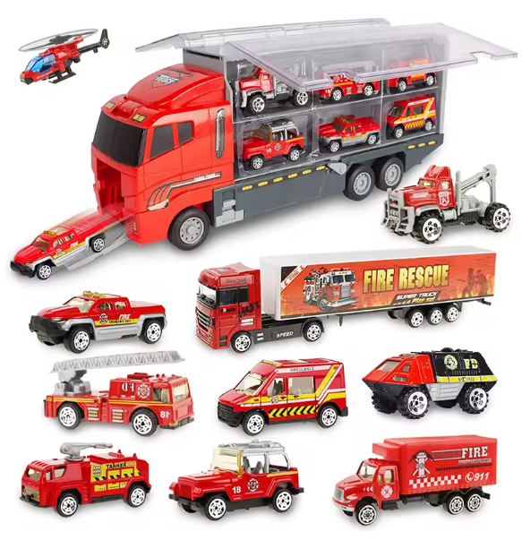 10-in-1 Construction Truck Toy Set with Storage Carrier β Die-Cast Vehicle Transporter with Excavator, Dump Truck, Digger & Backhoe | Educational STEM Play Gift for Kids BRANDED