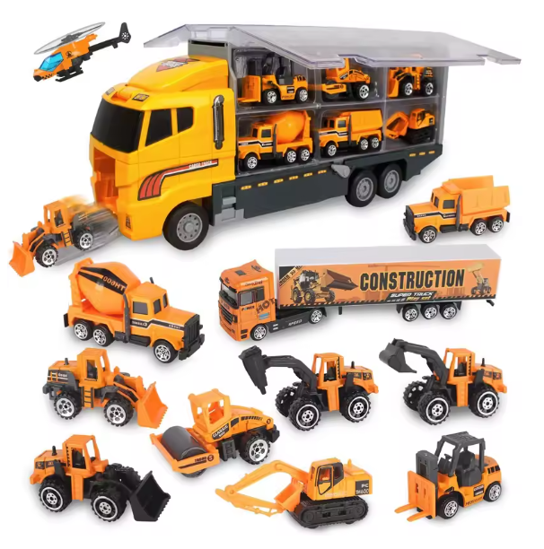 10-in-1 Construction Truck Toy Set with Storage Carrier β Die-Cast Vehicle Transporter with Excavator, Dump Truck, Digger & Backhoe | Educational STEM Play Gift for Kids BRANDED