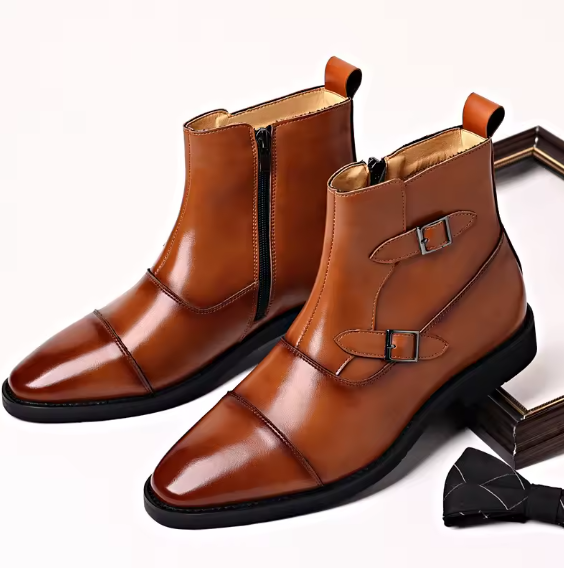 Men’s Classic Leather Ankle Boots – British Style Buckle & Zip High-Top Boots | Trendy Business Casual Footwear (EU 39–46) Move Chain