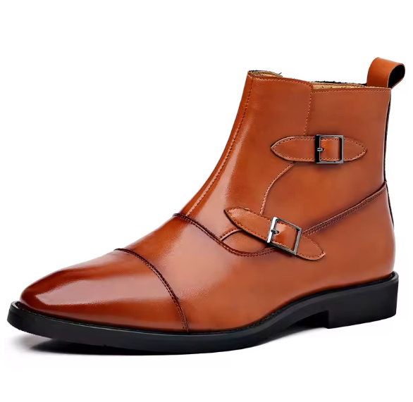 Men’s Classic Leather Ankle Boots – British Style Buckle & Zip High-Top Boots | Trendy Business Casual Footwear (EU 39–46) Move Chain