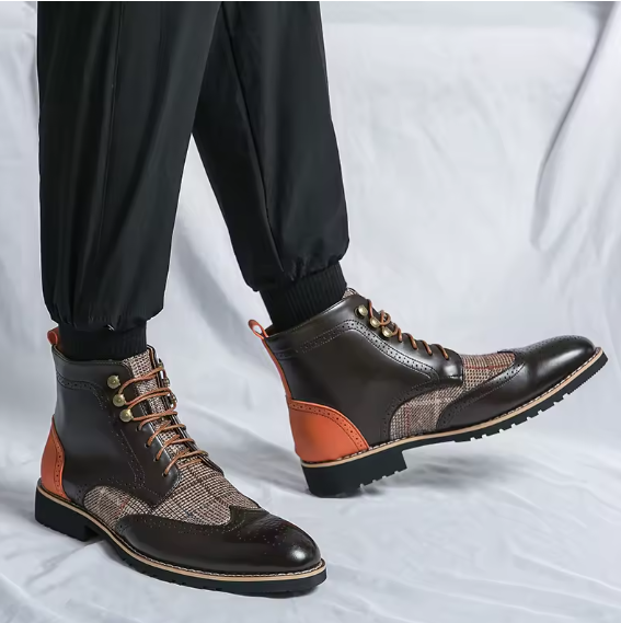 Men’s Fashionable Outdoor Combat Boots – Colorblock PU Leather Lace-Up Ankle Boots BRANDED