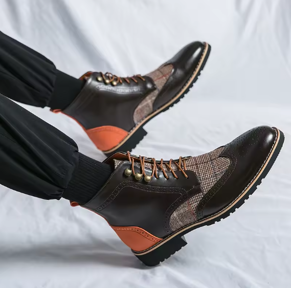 Men’s Fashionable Outdoor Combat Boots – Colorblock PU Leather Lace-Up Ankle Boots BRANDED