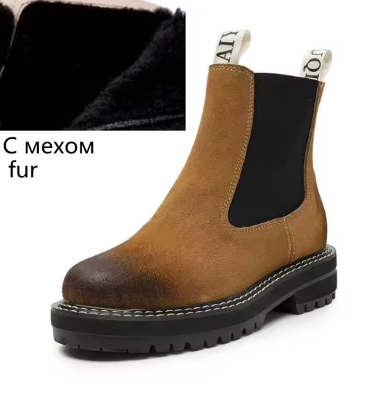 Women’s Chelsea Boots – 2025 Autumn Winter Genuine Leather Ankle Boots with Thick Sole, Plush Lining & Square Heel AIYUQI