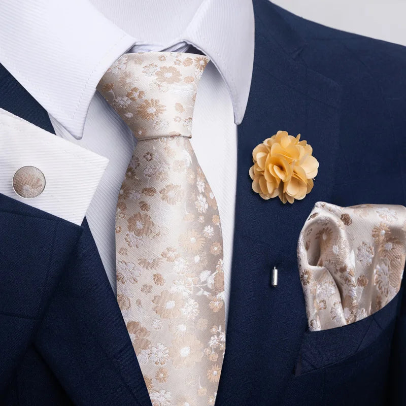 Luxury Men’s Floral Paisley Tie Set – Black & Gold Necktie with Matching Pocket Square, Cufflinks & Brooch | Elegant Wedding, Business, Dinner & Cocktail Look