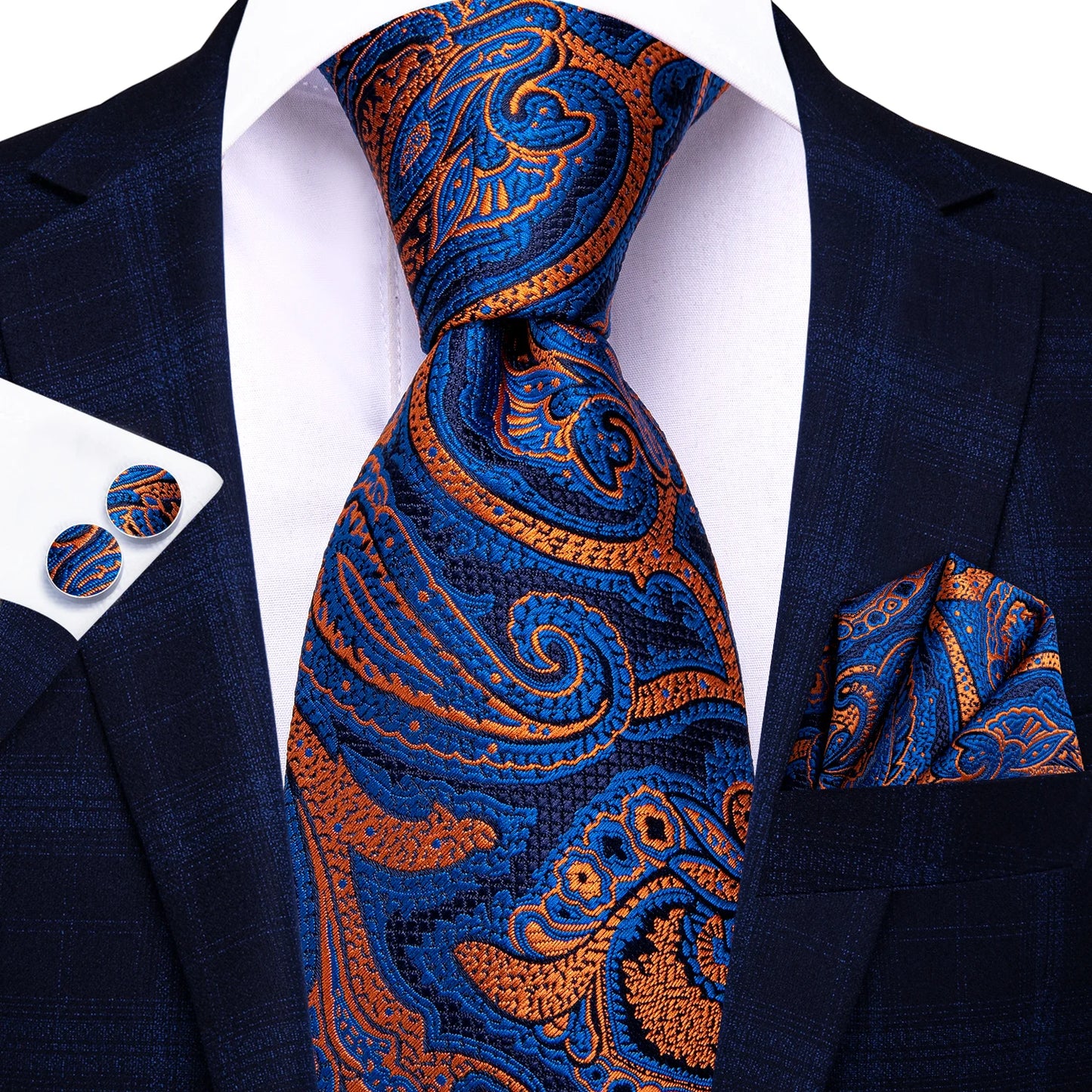 Burgundy Brown & Black Paisley Striped Silk Tie Set – Necktie + Pocket Square + Cufflinks – Formal Gift Set for Men