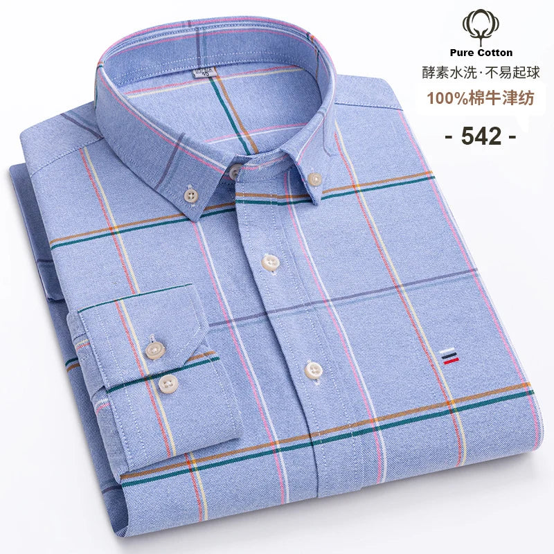 100% Cotton Oxford Long Sleeve Men's Plaid Dress Shirt – Regular Fit Formal Shirt with Pocket (S–7XL)