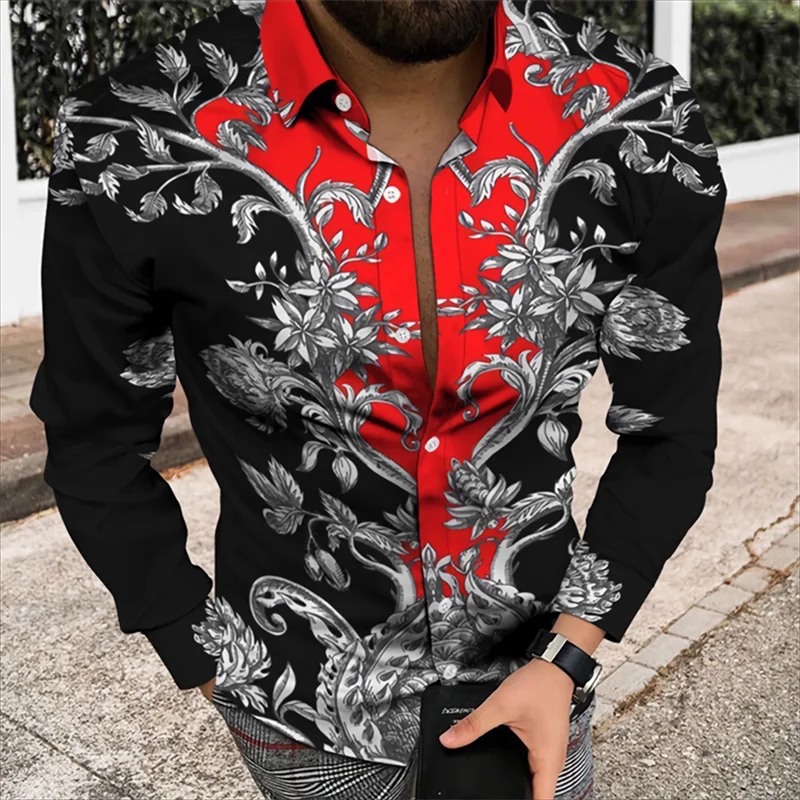 Men’s 3D Floral Print Long Sleeve Shirt – Designer Party & Prom Dress Shirt, S–5XL