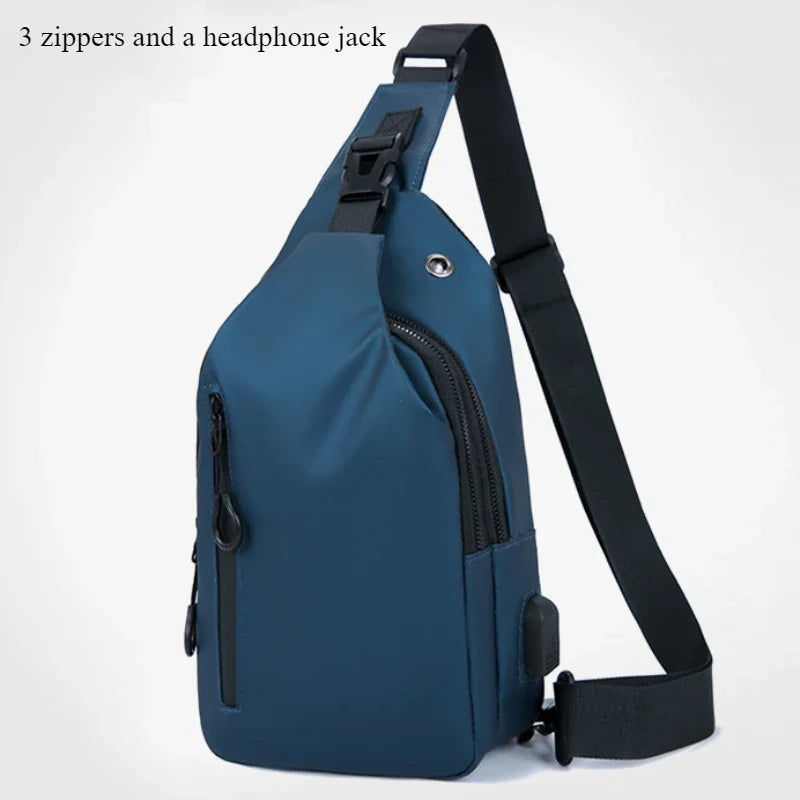 Men's Fashion Solid Color Crossbody Chest Bag with USB Charging Port