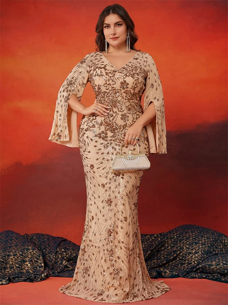 Plus Size Gold Sequin Mermaid Evening Gown – Long Sleeve Formal Dress for Weddings, Prom & Special Occasions