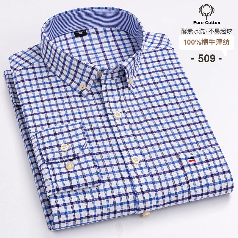 100% Cotton Oxford Long Sleeve Men's Plaid Dress Shirt – Regular Fit Formal Shirt with Pocket (S–7XL)
