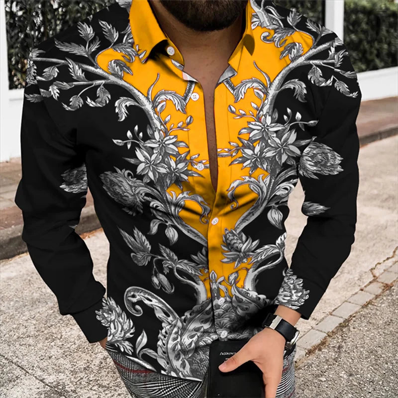 Men’s 3D Floral Print Long Sleeve Shirt – Designer Party & Prom Dress Shirt, S–5XL