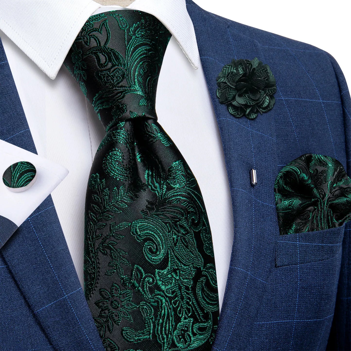 Blue & Silver Paisley Silk Tie Set – 8cm Necktie + Pocket Square + Cufflinks + Brooch – Elegant Men’s Gift for Weddings & Holidays