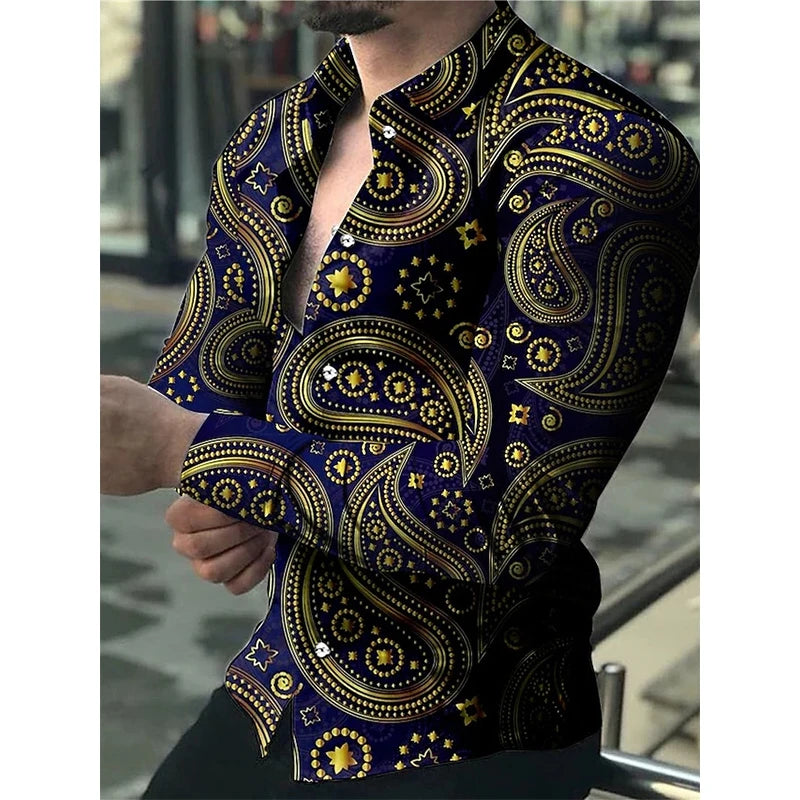 Luxury Floral Print Long Sleeve Shirt for Men – Casual Party Style, Button-Up Turn-Down Collar