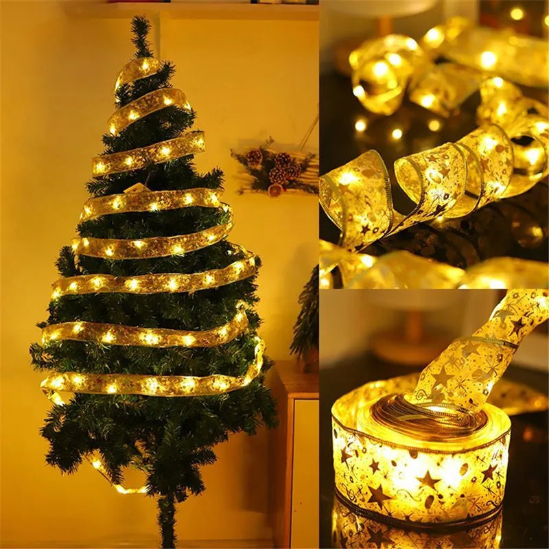 Christmas Decoration LED Ribbon Fairy Lights Christmas Tree Ornaments for Home DIY Bows Light String Navidad New Year 2025